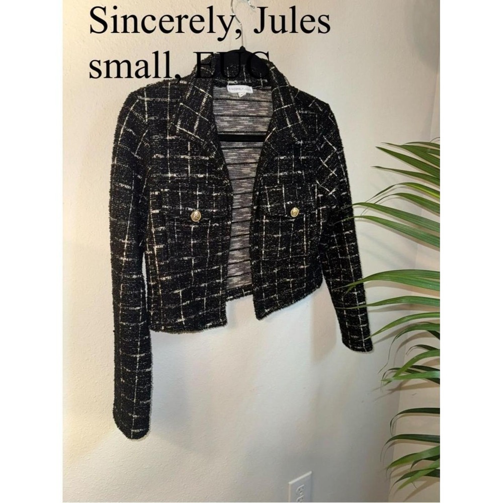 Sincerely Jules Black Tweed Jacket Ivory Windowpane Cropped Blazer Gold Button S